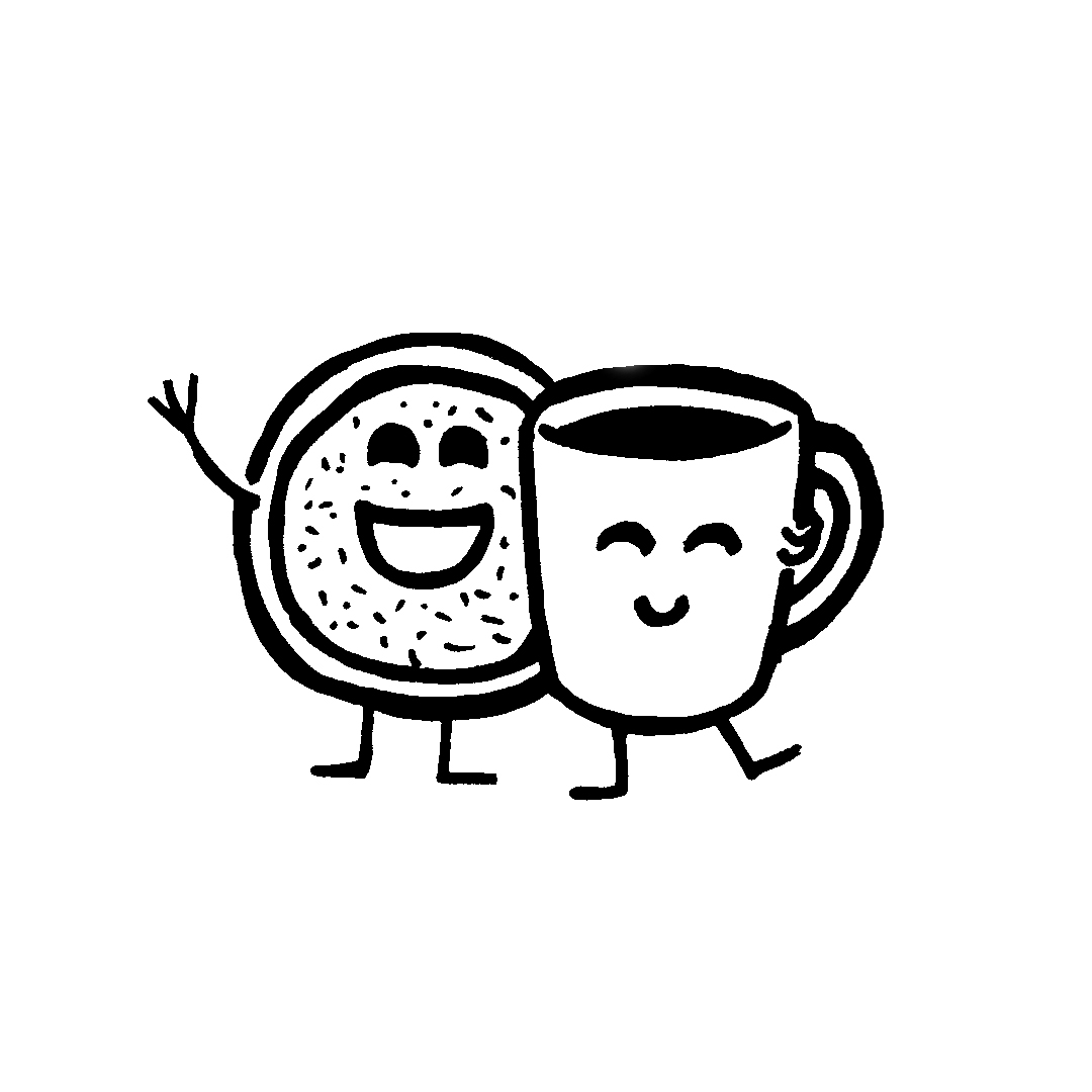 smiling mug and donut ink drawing